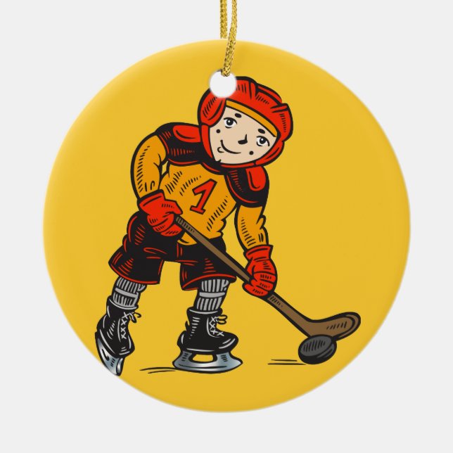 Boy Playing Hockey Ceramic Ornament (Front)