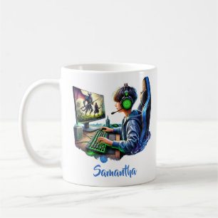Boy playing video came with headphones coffee mug