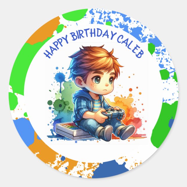 Boy Playing Video Games Personalized Birthday Classic Round Sticker (Front)