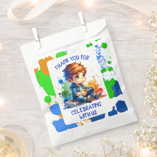Boy Playing Video Games Personalized Birthday Favour Bag (Clipped)