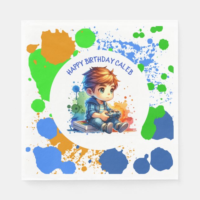Boy Playing Video Games Personalized Birthday Napkin (Front)