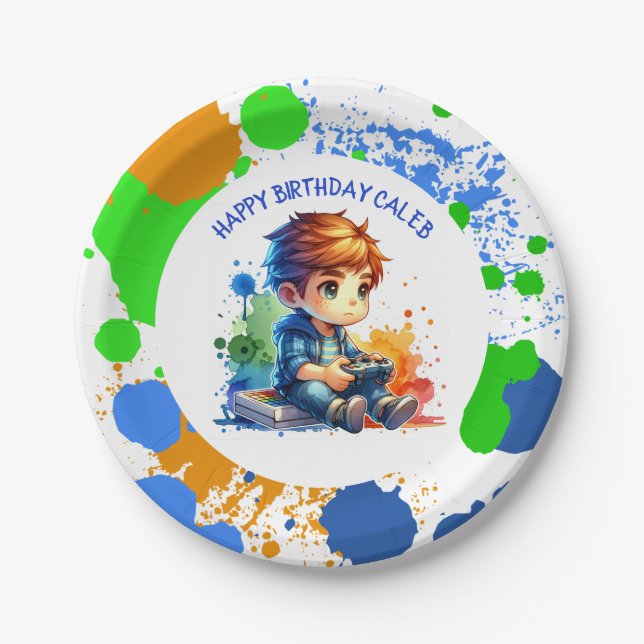 Boy Playing Video Games Personalized Birthday Paper Plate (Front)