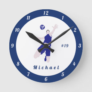 Boy Playing Volleyball Kids Player Name & Number Round Clock