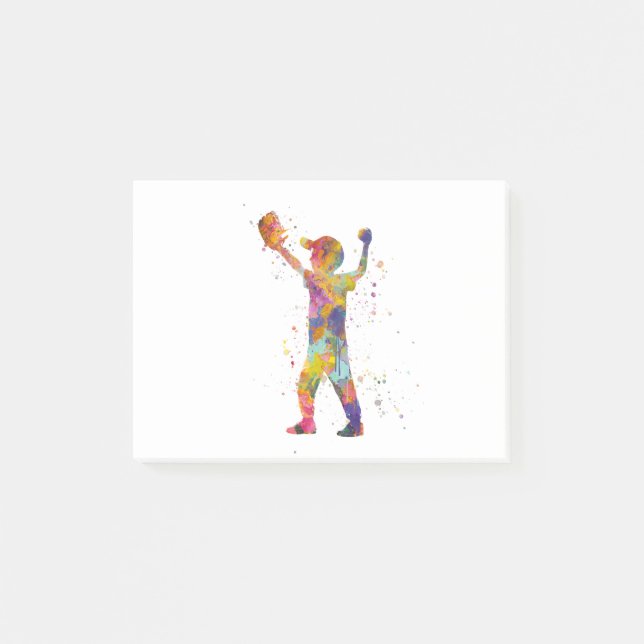 Boy plays baseball in watercolor post-it notes (Front)