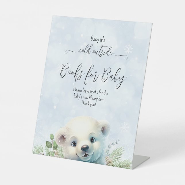 Boy Polar Bear Blue Snow Winter Baby Shower Pedestal Sign (Front)
