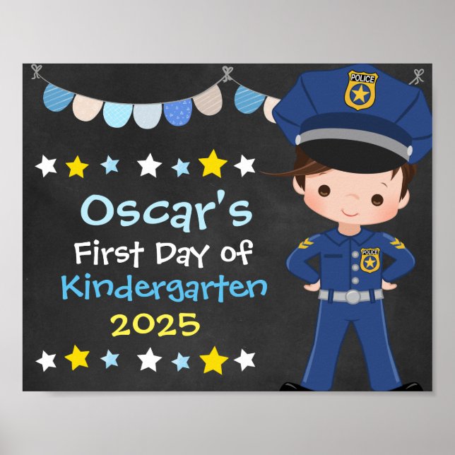 Boy Police Officer First Day of School Chalkboard Poster (Front)