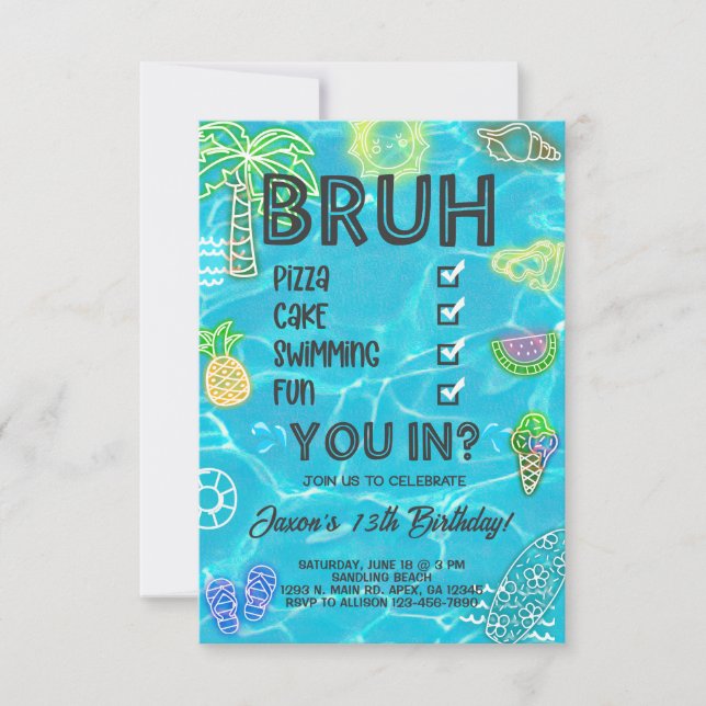 Boy Pool Beach Birthday, neon glow, bruh you in. Invitation (Front)
