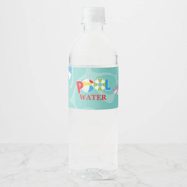 Boy Pool Party Birthday Shark Float Water Bottle Label (Front)