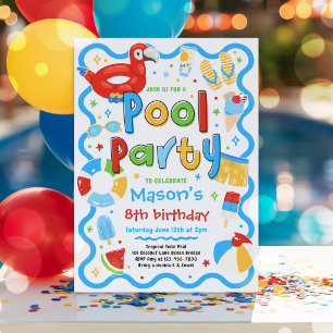 Boy Pool Party Summer Tropical Swimming Birthday  Invitation