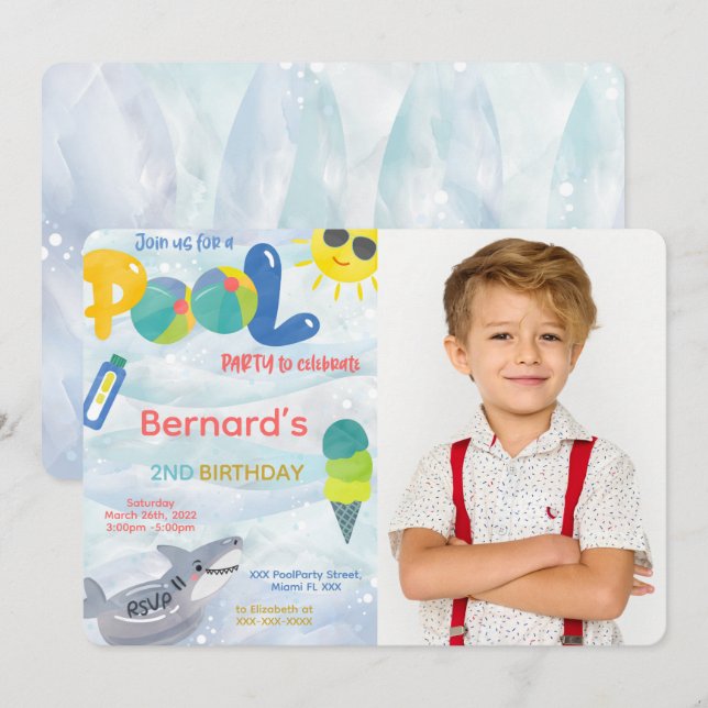 Boy Pool Photo Invitation (Front/Back)