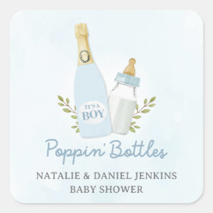 Boy Poppin Bottles Baby Shower Blue Square Sticker