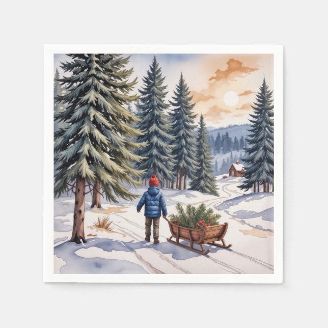 Boy Pulling a Sled With Christmas Evergreen Boughs Napkin (Front)