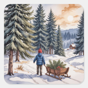 Boy Pulling a Sled With Christmas Evergreen Boughs Square Sticker