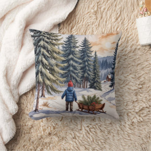 Boy Pulling a Sled With Christmas Evergreen Boughs Throw Pillow
