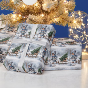 Boy Pulling an Old-fashioned Sled With Pine Tree Wrapping Paper