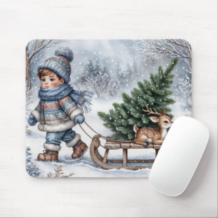 Boy Pulling an Old-fashioned Sled With Tree Mouse Pad