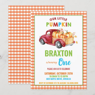 Boy Pumpkin 1st Birthday Party Red Harvest Truck Invitation