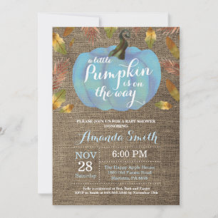 Boy Pumpkin Fall Baby Shower Blue and Burlap Invitation