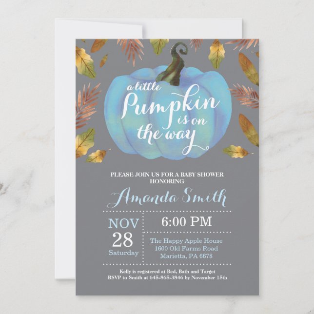 Boy Pumpkin Fall Baby Shower Blue and Grey Invitation (Front)