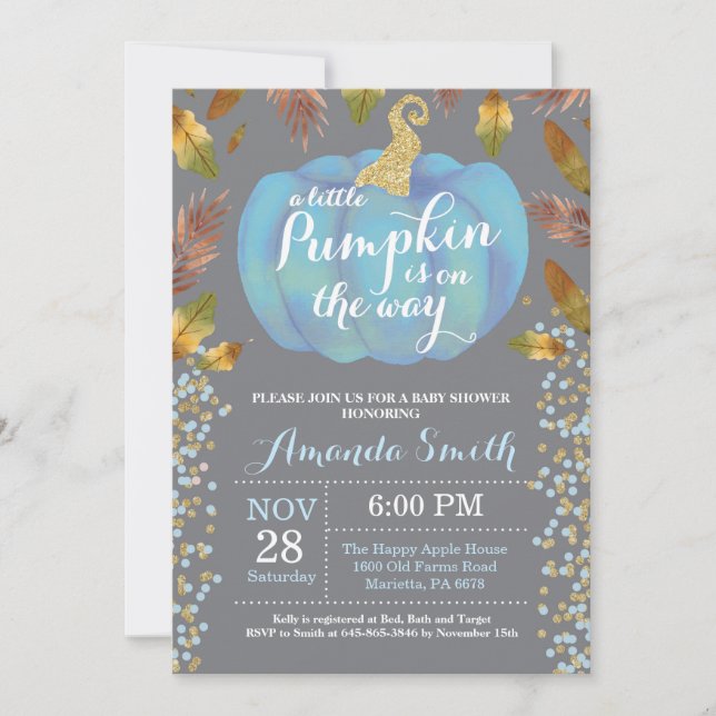 Boy Pumpkin Fall Baby Shower Gold Glitter Blue Invitation (Front)