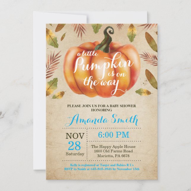 Boy Pumpkin Fall Baby Shower Invitation Rustic (Front)