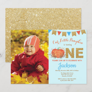 Boy Pumpkin Fall Birthday Invitation Gold Glitter