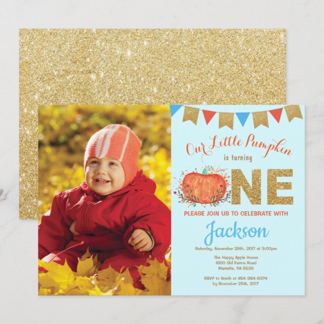 Boy Pumpkin Fall Birthday Invitation Gold Glitter (Front/Back)
