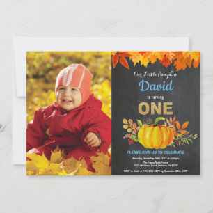 Boy Pumpkin Fall First Birthday Gold Chalkboard Invitation