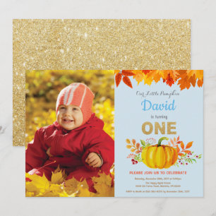 Boy Pumpkin Fall First Birthday Gold Glitter Invitation