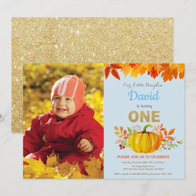 Boy Pumpkin Fall First Birthday Gold Glitter Invitation (Front/Back)