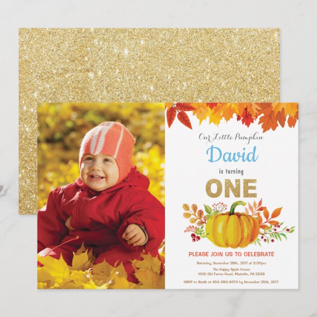 Boy Pumpkin Fall First Birthday Gold Glitter Invitation (Front/Back)