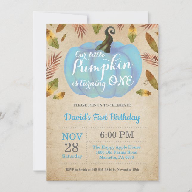 Boy Pumpkin First Birthday Invitation Blue (Front)