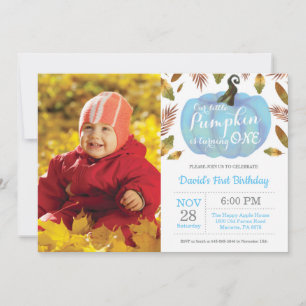 Boy Pumpkin First Birthday Invitation Blue