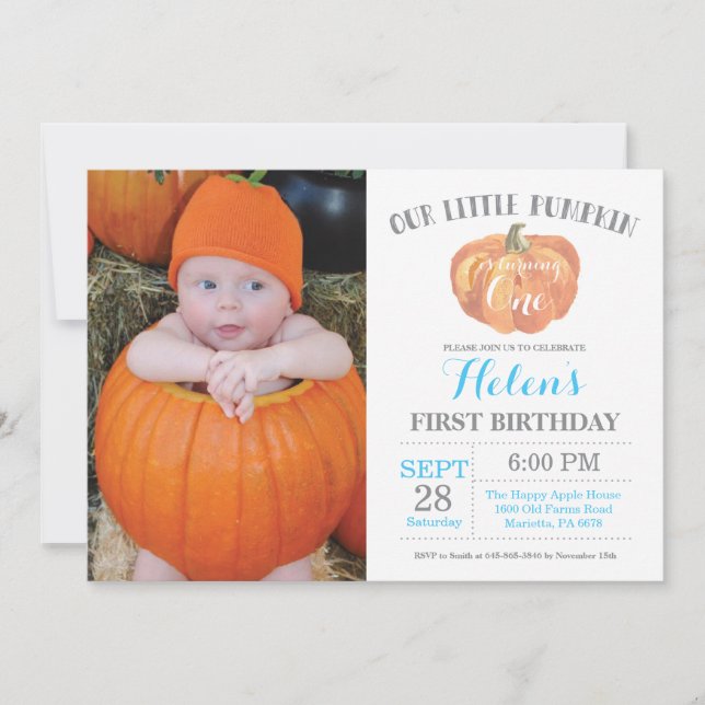 Boy Pumpkin First Birthday Invitation Blue (Front)