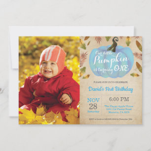 Boy Pumpkin First Birthday Invitation Blue