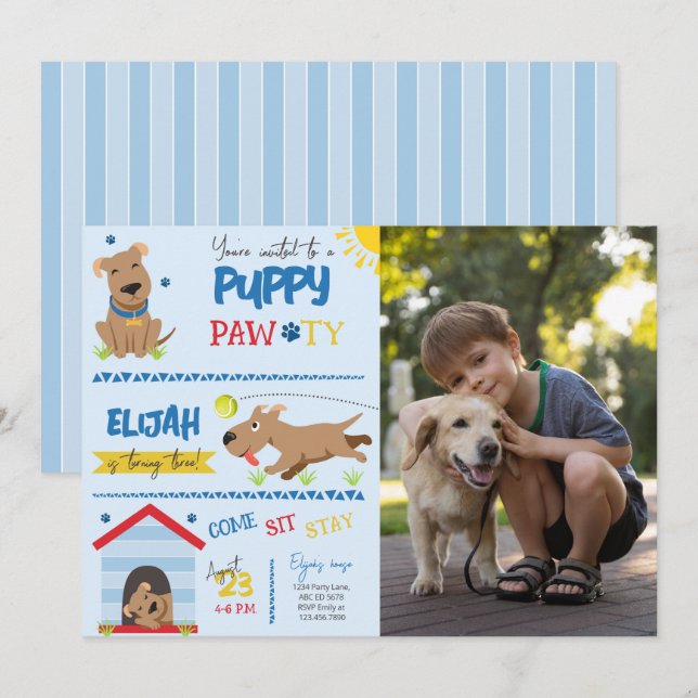 Boy Puppy Birthday Pawty Photo Invitation (Front/Back)