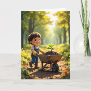 Boy Pushing a Tree Sapling In a Wheelbarrow Card