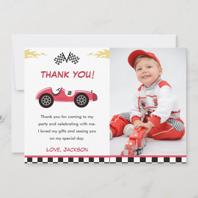 Boy Race Car Birthday Party Thank You Card (Front)
