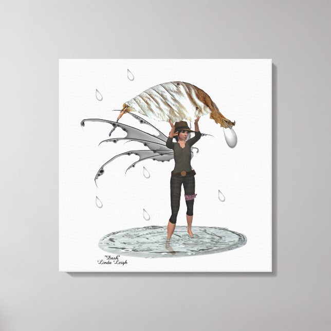 Boy Rain Fairy With Leaf Stretched Canvas Print (Front)