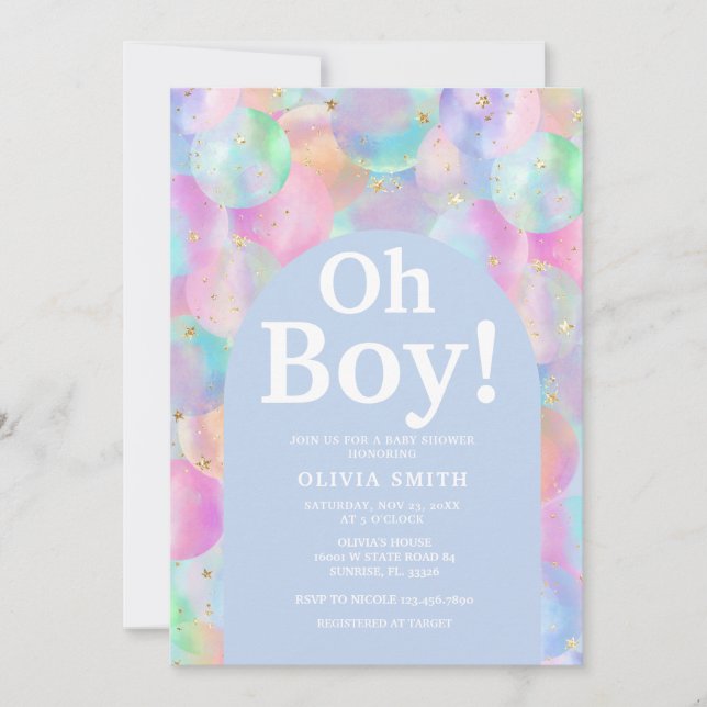 Boy Rainbow Balloons Blue Arch Baby Shower  Invitation (Front)