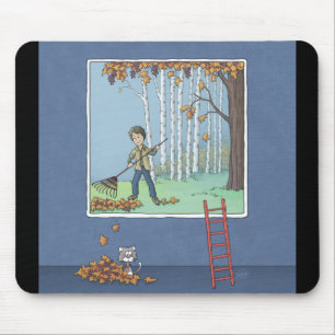 Boy raking leaves  mouse pad