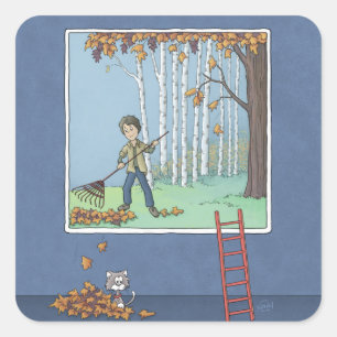 Boy raking leaves     square sticker