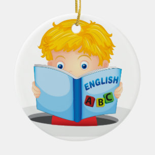 boy reading book ceramic ornament