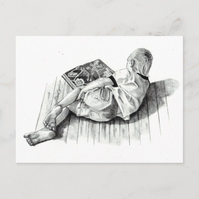 BOY READING BOOK: PENCIL REALISM ART POSTCARD (Front)