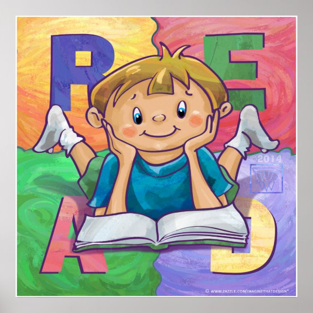 Boy Reading LIRE Affiche colorée (Devant)