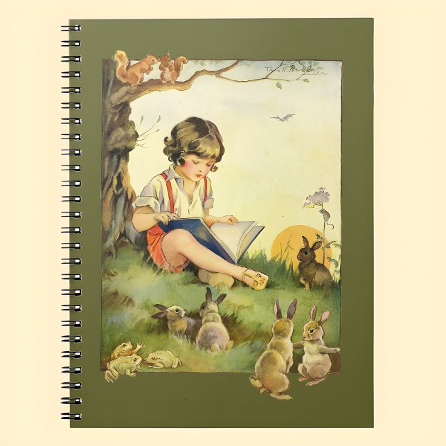 Boy reading under tree with rabbits notebook (Creator Uploaded)