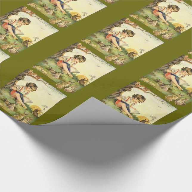 Boy reading under tree with rabbits wrapping paper (Corner)