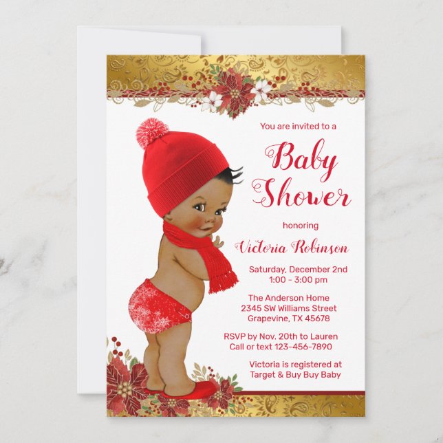 Boy Red Gold Christmas Baby Shower African Invitation (Front)