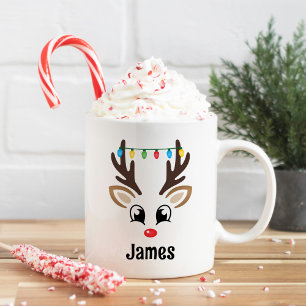 Boy Reindeer Face Personalized Name Christmas Coffee Mug