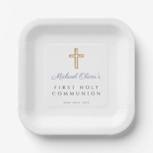 Boy Religious Cross Dusty Blue First Communion  Paper Plate